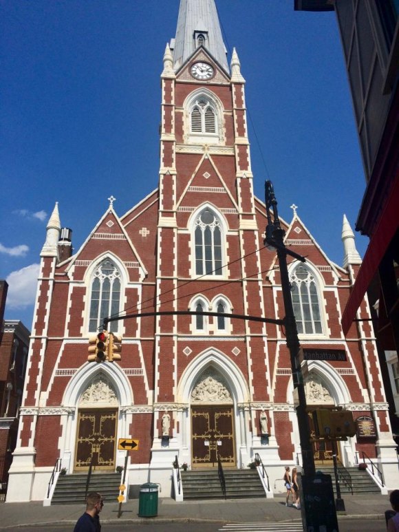 A Quick New York Ferry Trip to Up & Coming Greenpoint Greenpoint's most prominent landmark, St. Anthony of Padua – St. Alphonsus Parish.
